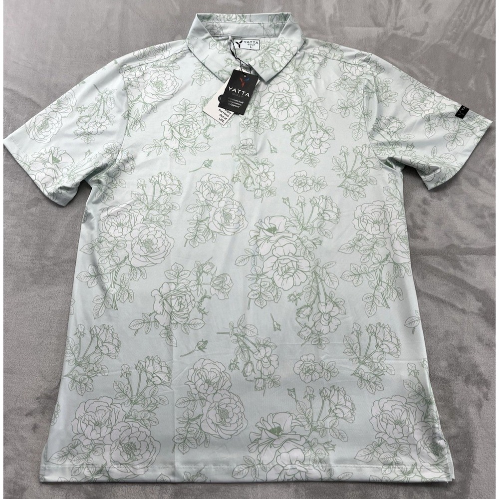 YATTA Golf Polo Shirt Men Large Floral Green Wrinkle Resistant UPF Stretch Slit
